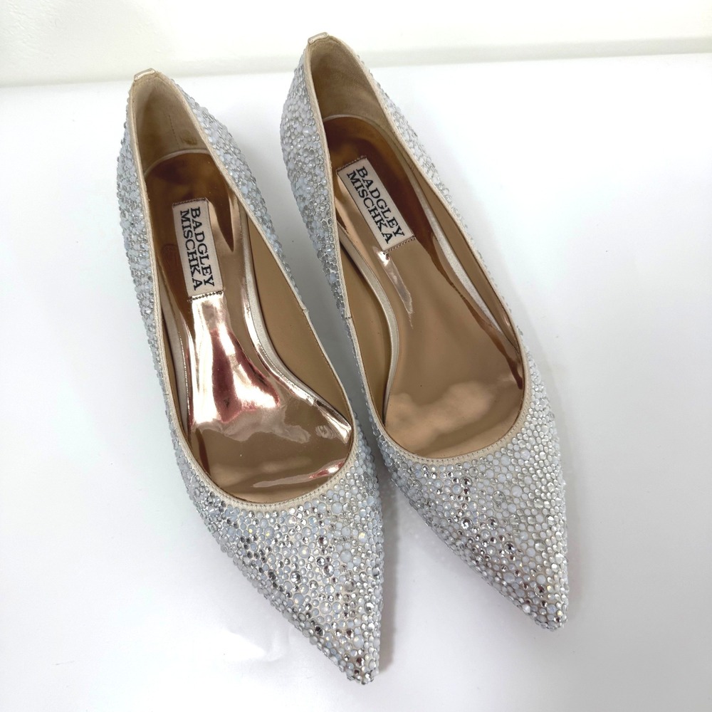 Badgley Mischka Kitten Heels Silver Crystal Rhinestone Embellished Bridal 6.5 - Picture 6 of 8